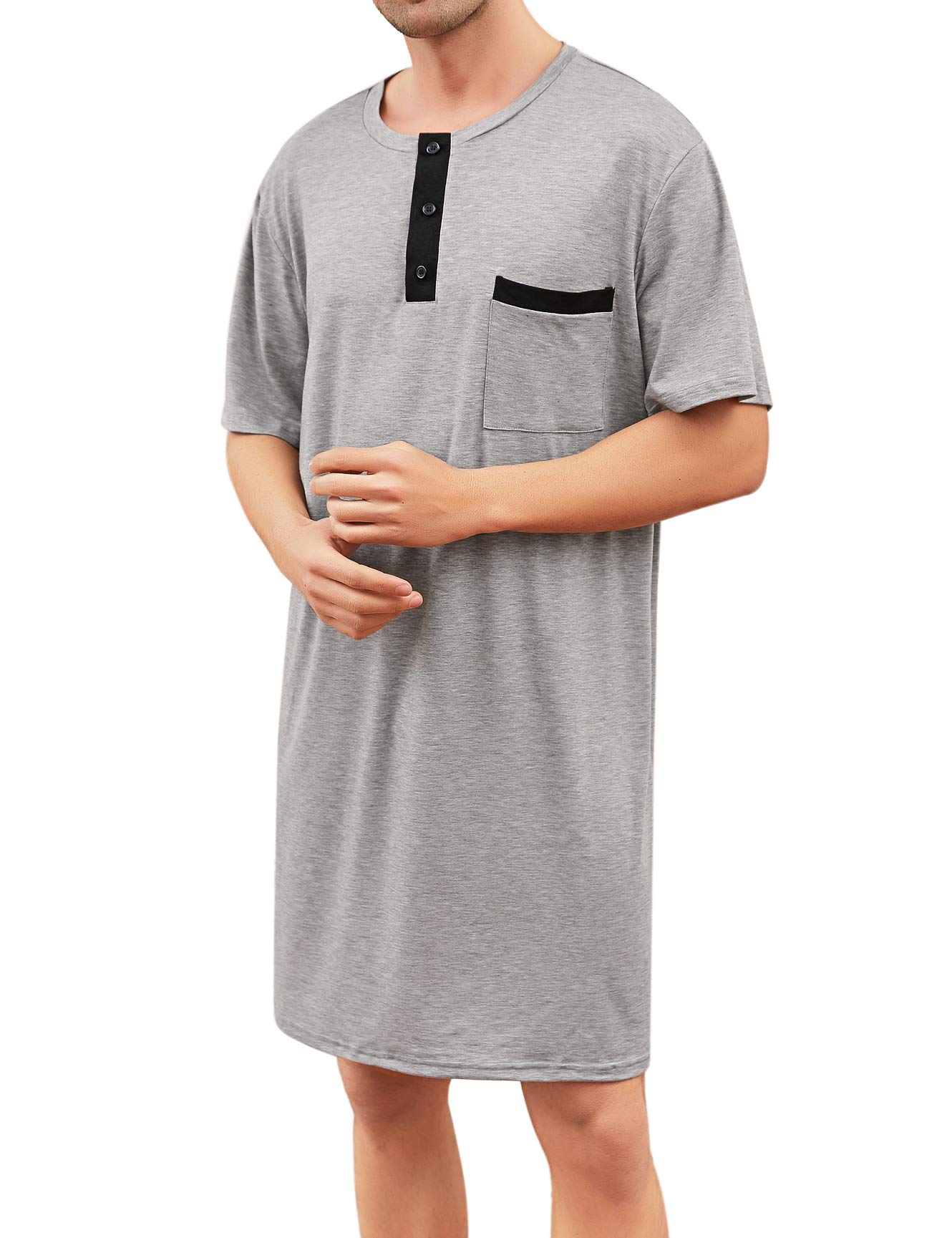 Enjoyoself Men's Comfortable Cotton Nightshirt Henley Short Sleeve Lounge Sleepwear